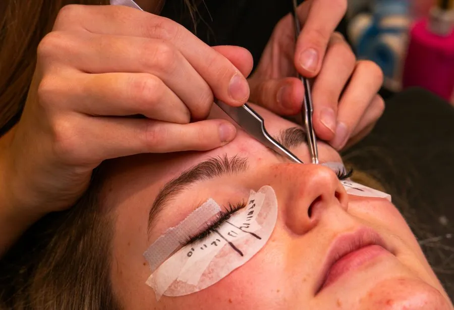 Tweezers separating lashes during a treatment